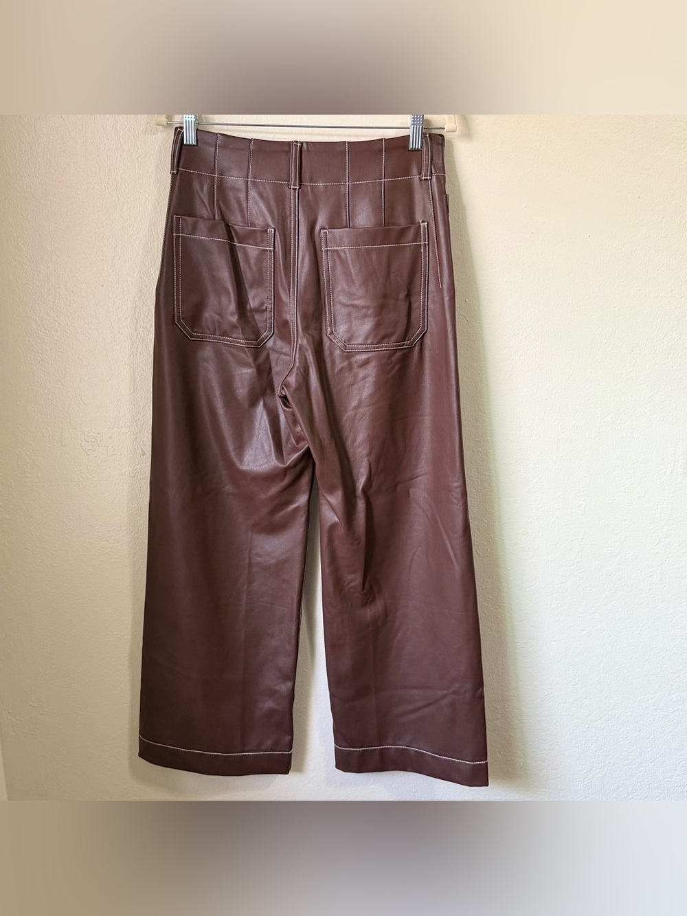 Anthropologie Maeve Colette Faux Leather Crop Wide‎ Leg Pants Brown Stitch 27 - Picture 6 of 9